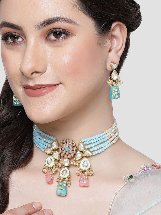 Karatcart Gold Plated Pink and Light Blue Beaded Kundan Jewellery Set for Women