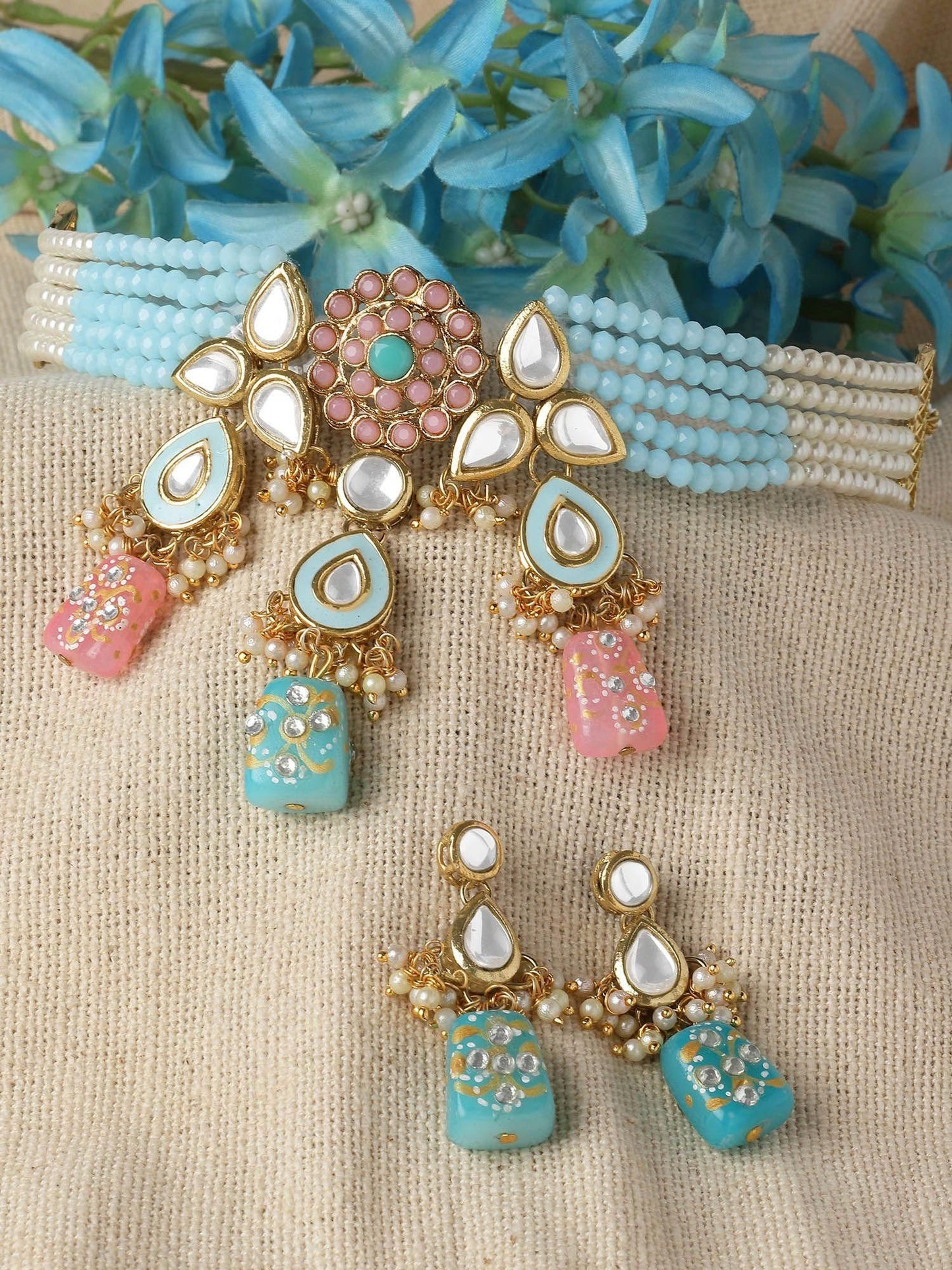 Karatcart Gold Plated Pink and Light Blue Beaded Kundan Jewellery Set for Women